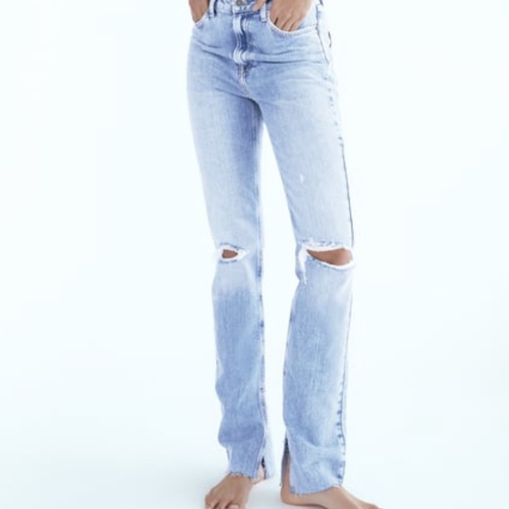 Zara Z1975 FLARED RIPPED SLIM FIT JEANS Color Mid-Blue, Size US 0, NWT